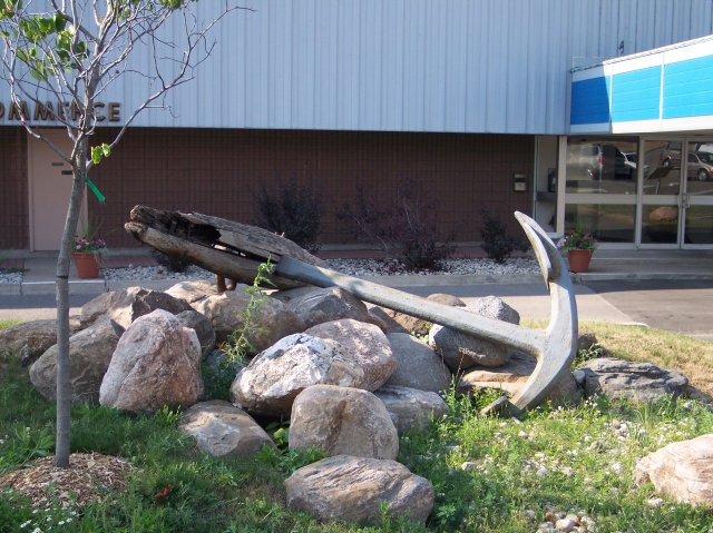 anchor in front of commerce building, photo by Joseph Raymond, in Hamilton Ontario, Canada, host site ChristianMuse.com